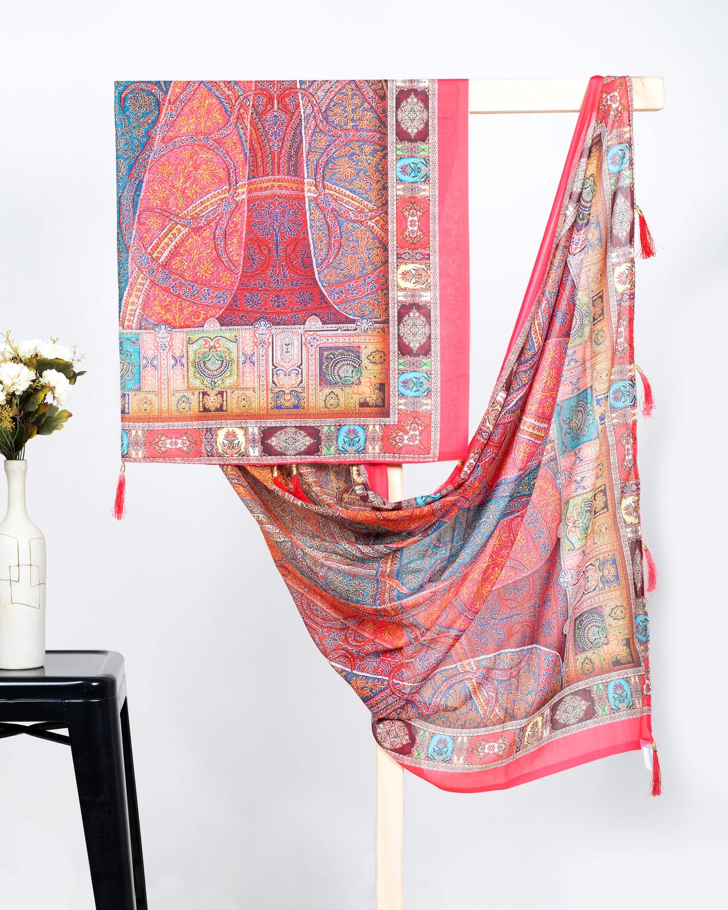 Brick Pink And Maroon Ethnic Pattern Digital Print Poly Voile Dupatta With Tassels