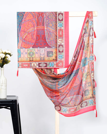 Brick Pink And Maroon Ethnic Pattern Digital Print Poly Voile Dupatta With Tassels
