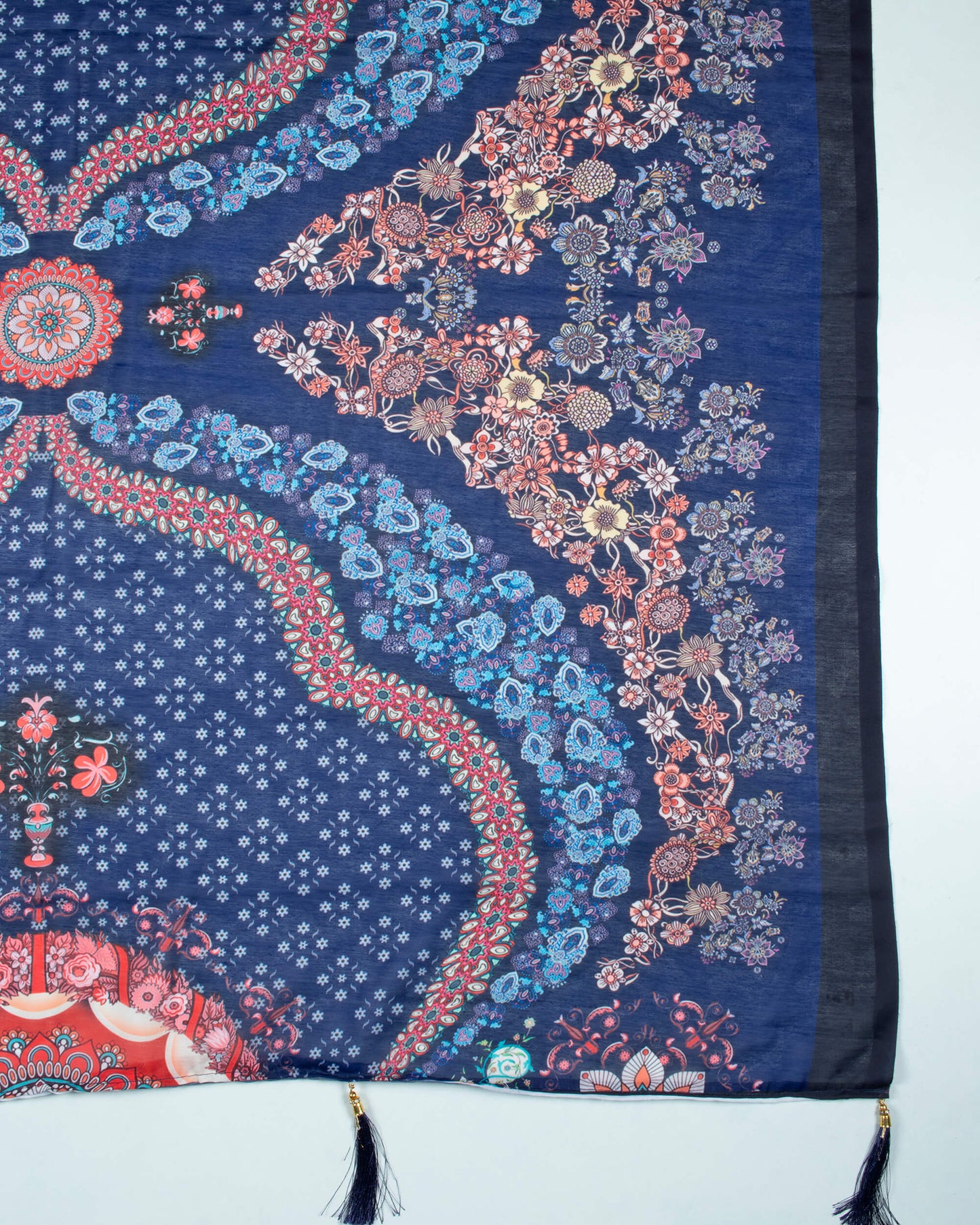 Navy Blue And Red Traditional Pattern Digital Print Poly Voile Dupatta With Tassels