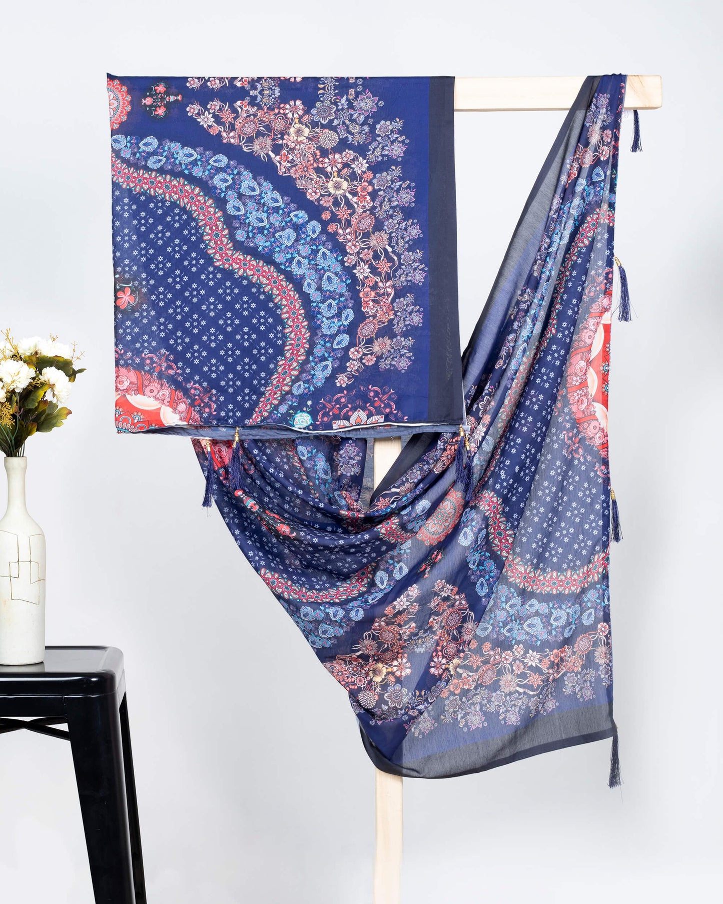 Navy Blue And Red Traditional Pattern Digital Print Poly Voile Dupatta With Tassels