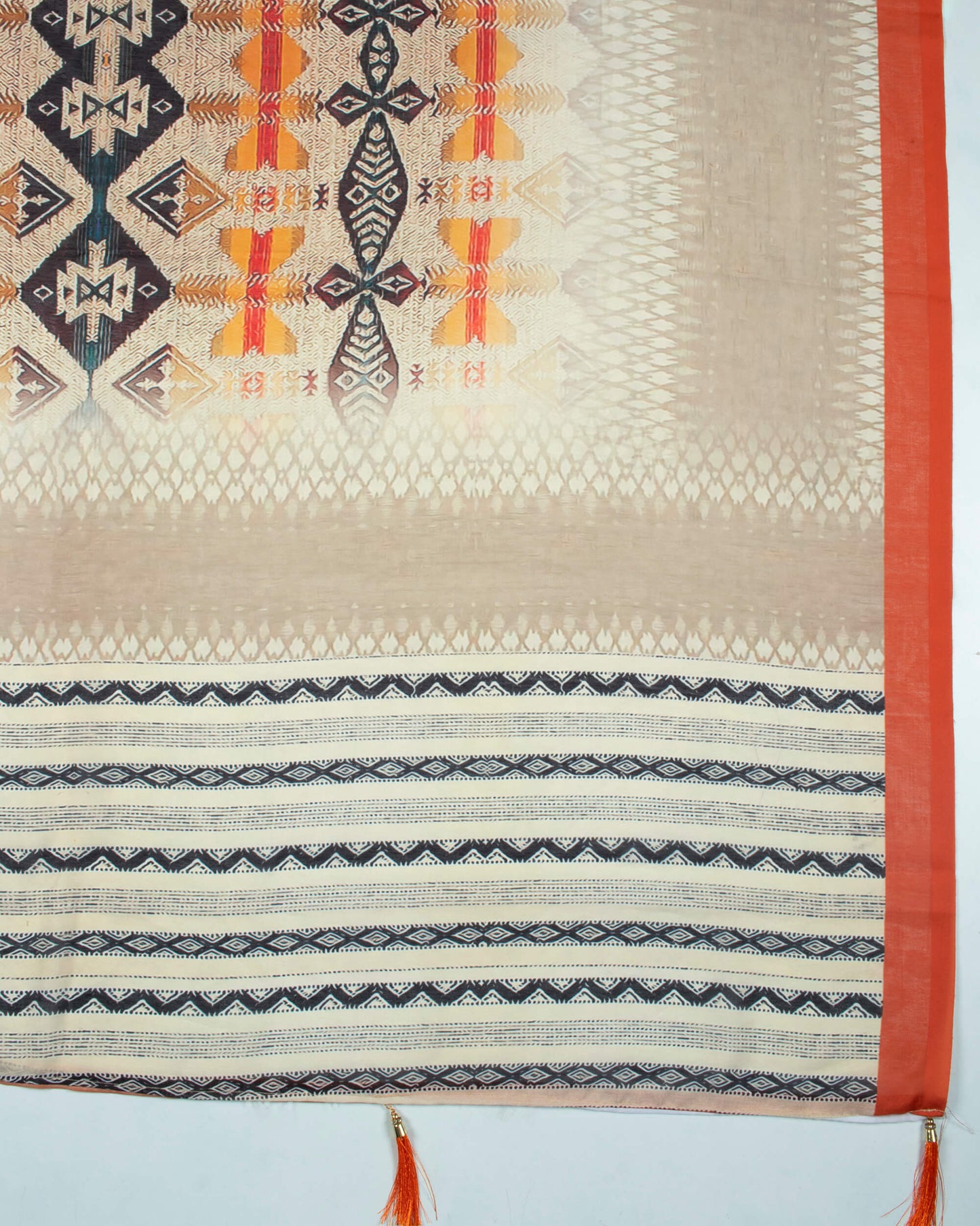 Tan Beige And Black Chevron Pattern Digital Print Poly Voile Dupatta With Tassels