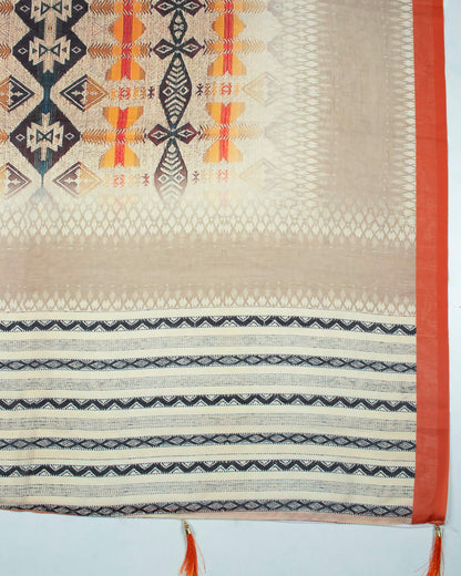 Tan Beige And Black Chevron Pattern Digital Print Poly Voile Dupatta With Tassels