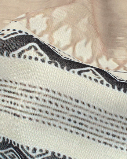 Tan Beige And Black Chevron Pattern Digital Print Poly Voile Dupatta With Tassels