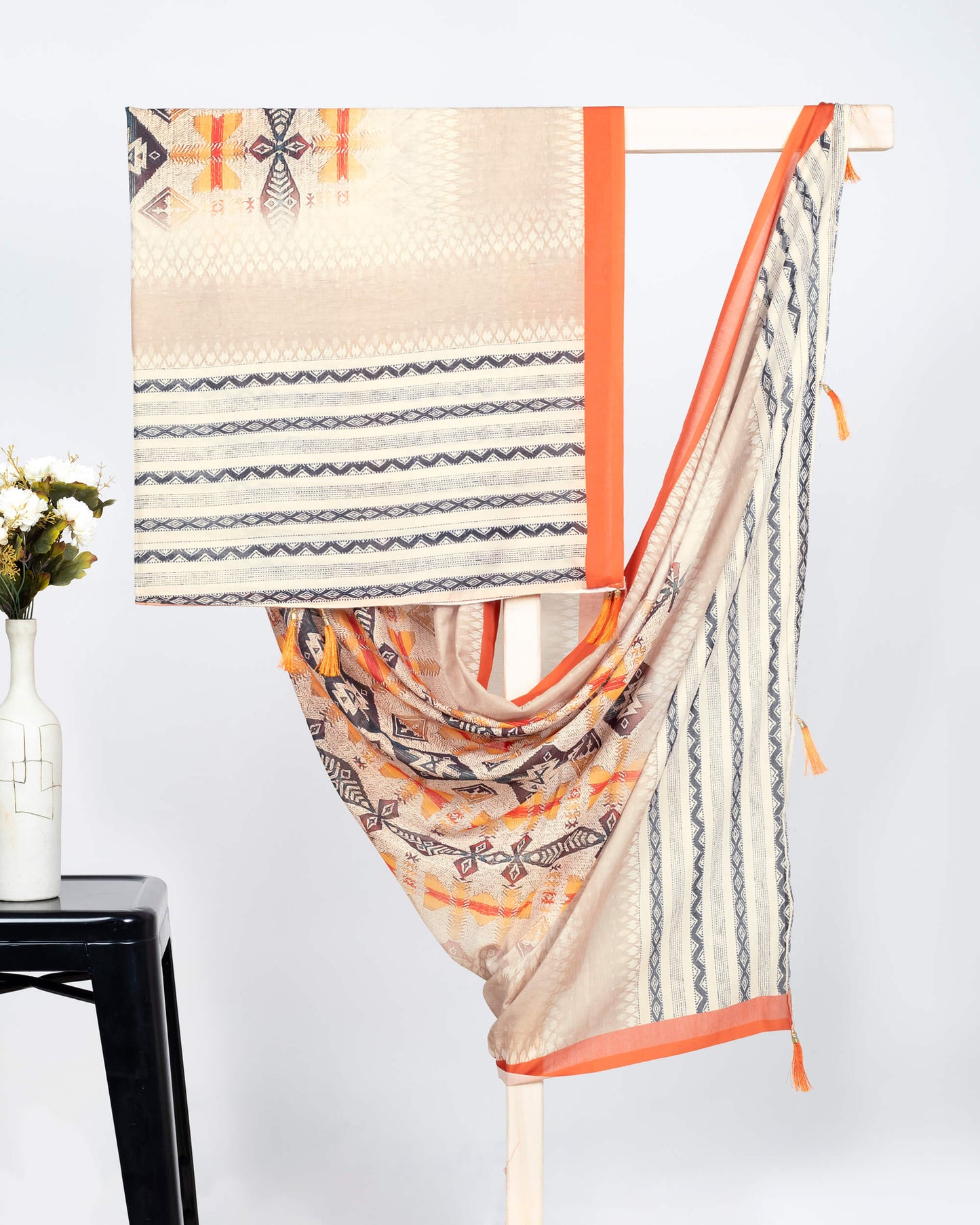 Tan Beige And Black Chevron Pattern Digital Print Poly Voile Dupatta With Tassels