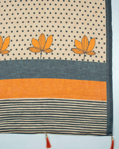 Tan Beige And Sandstone Orange Floral Pattern Digital Print Poly Voile Dupatta With Tassels