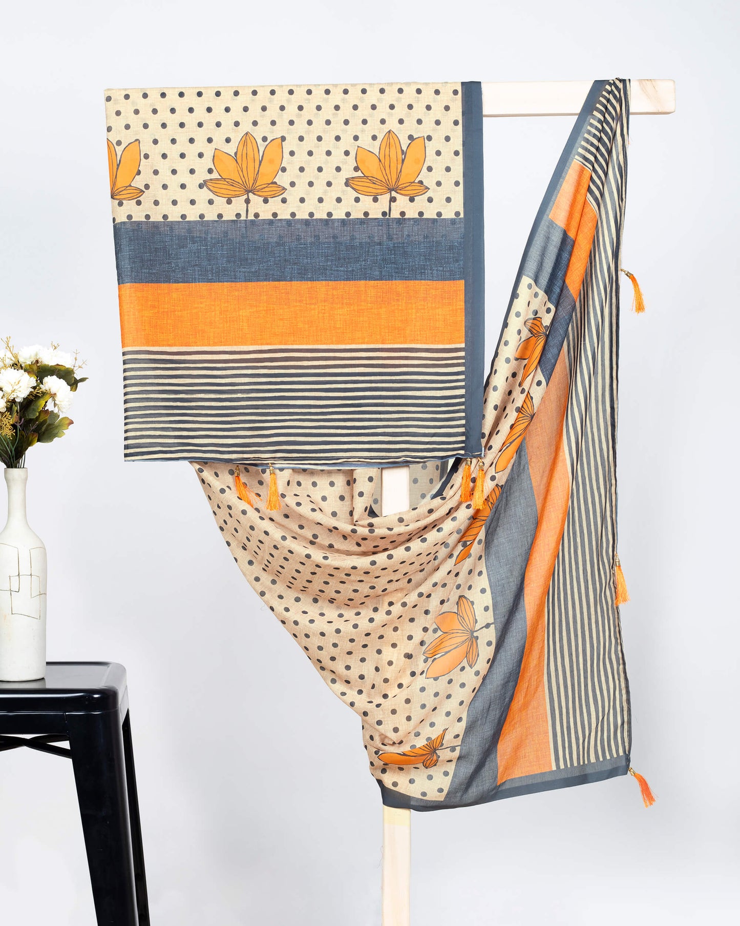 Tan Beige And Sandstone Orange Floral Pattern Digital Print Poly Voile Dupatta With Tassels