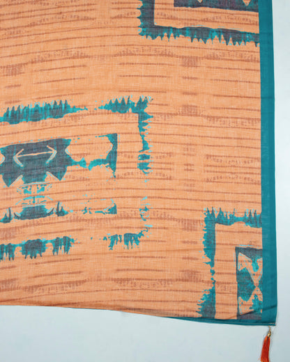 Sandy Brown And Teal Green Abstract Pattern Digital Print Poly Voile Dupatta With Tassels