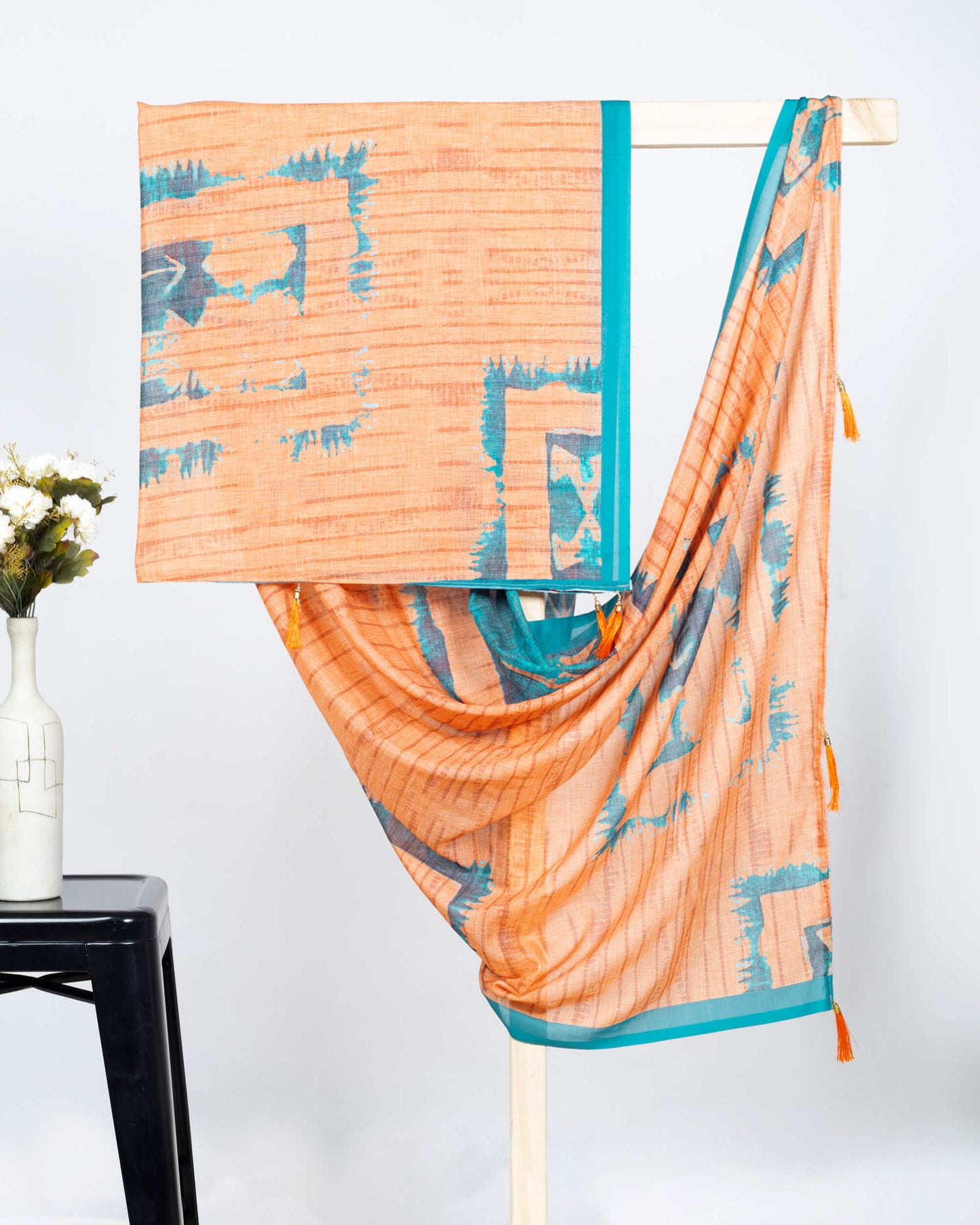 Sandy Brown And Teal Green Abstract Pattern Digital Print Poly Voile Dupatta With Tassels