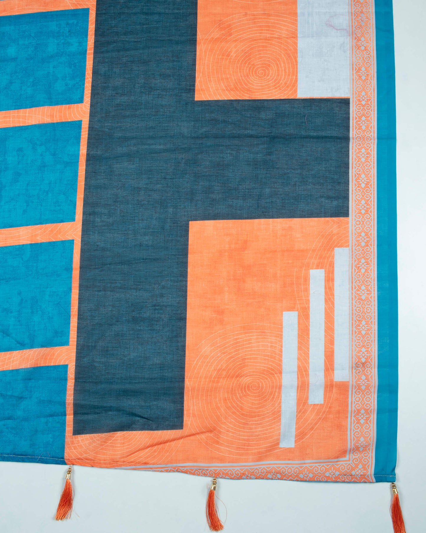 Sea Blue And Royal Orange Geometric Pattern Digital Print Poly Voile Dupatta With Tassels