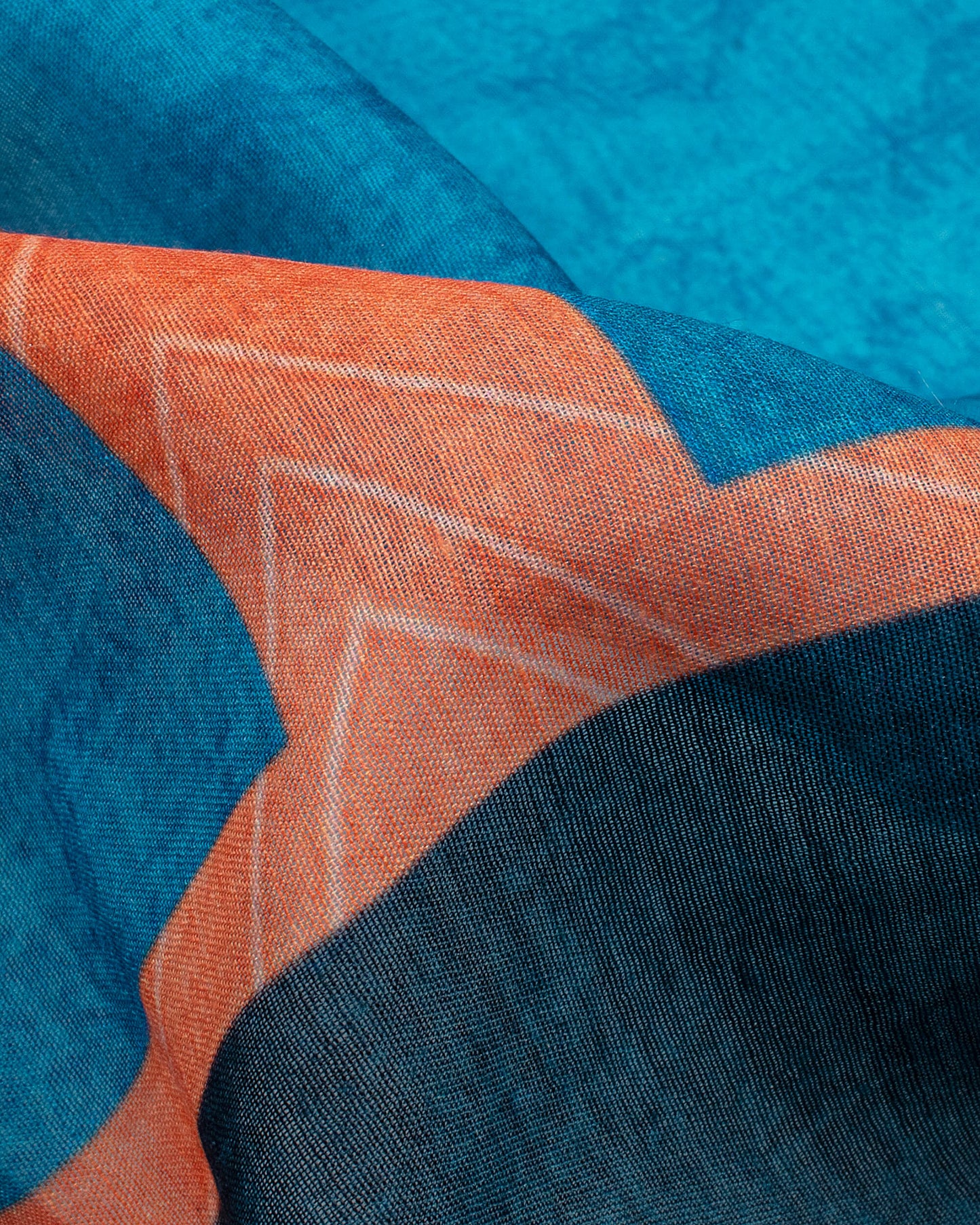 Sea Blue And Royal Orange Geometric Pattern Digital Print Poly Voile Dupatta With Tassels