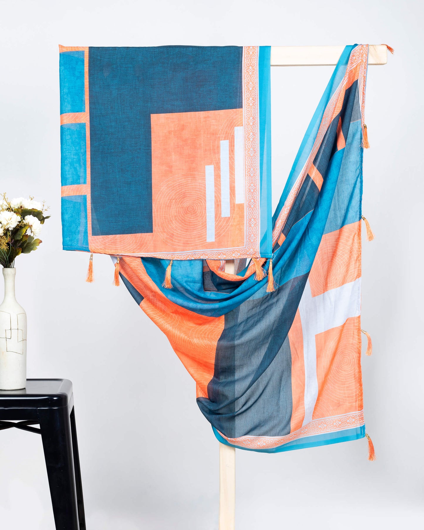 Sea Blue And Royal Orange Geometric Pattern Digital Print Poly Voile Dupatta With Tassels