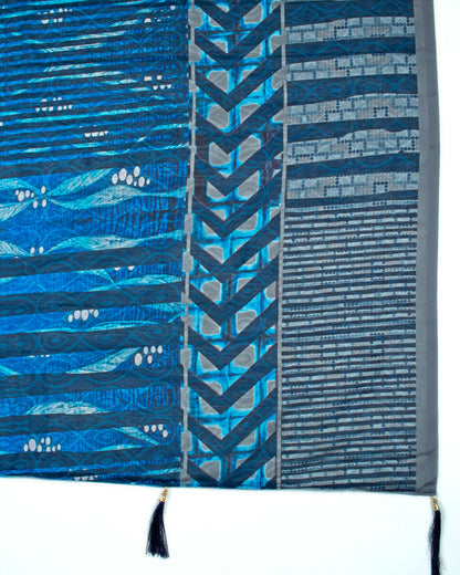 Royal Blue And Grey Stripes Pattern Digital Print Poly Voile Dupatta With Tassels