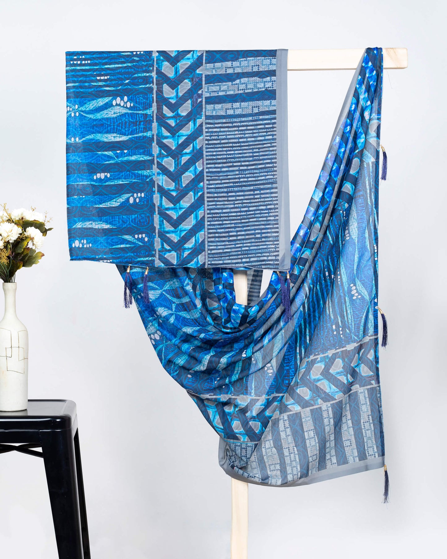 Royal Blue And Grey Stripes Pattern Digital Print Poly Voile Dupatta With Tassels