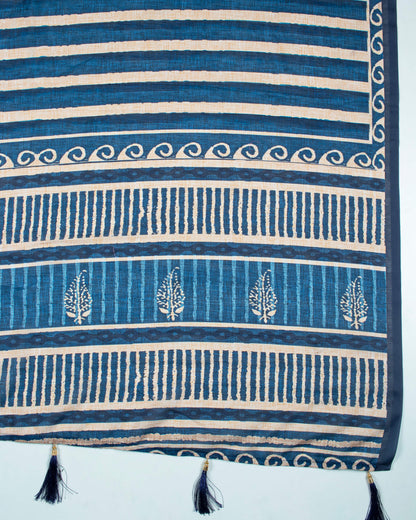 Blue And Beige Stripes Pattern Digital Print Poly Voile Dupatta With Tassels