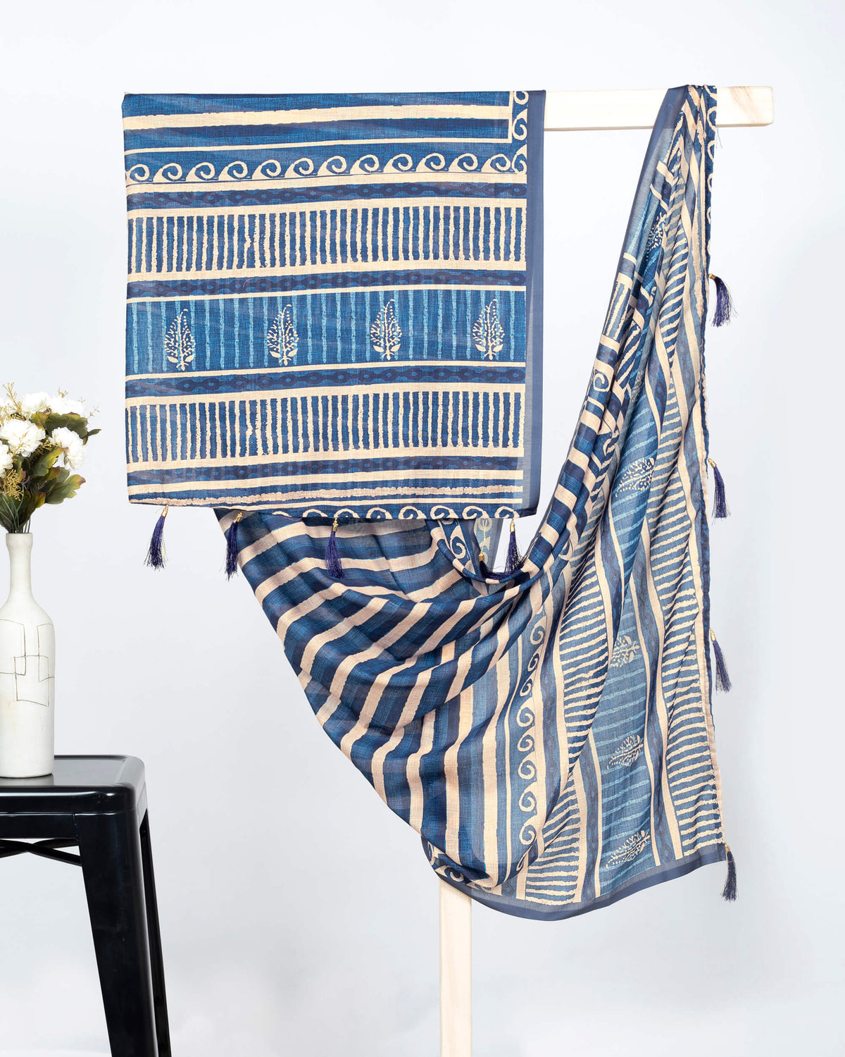 Blue And Beige Stripes Pattern Digital Print Poly Voile Dupatta With Tassels