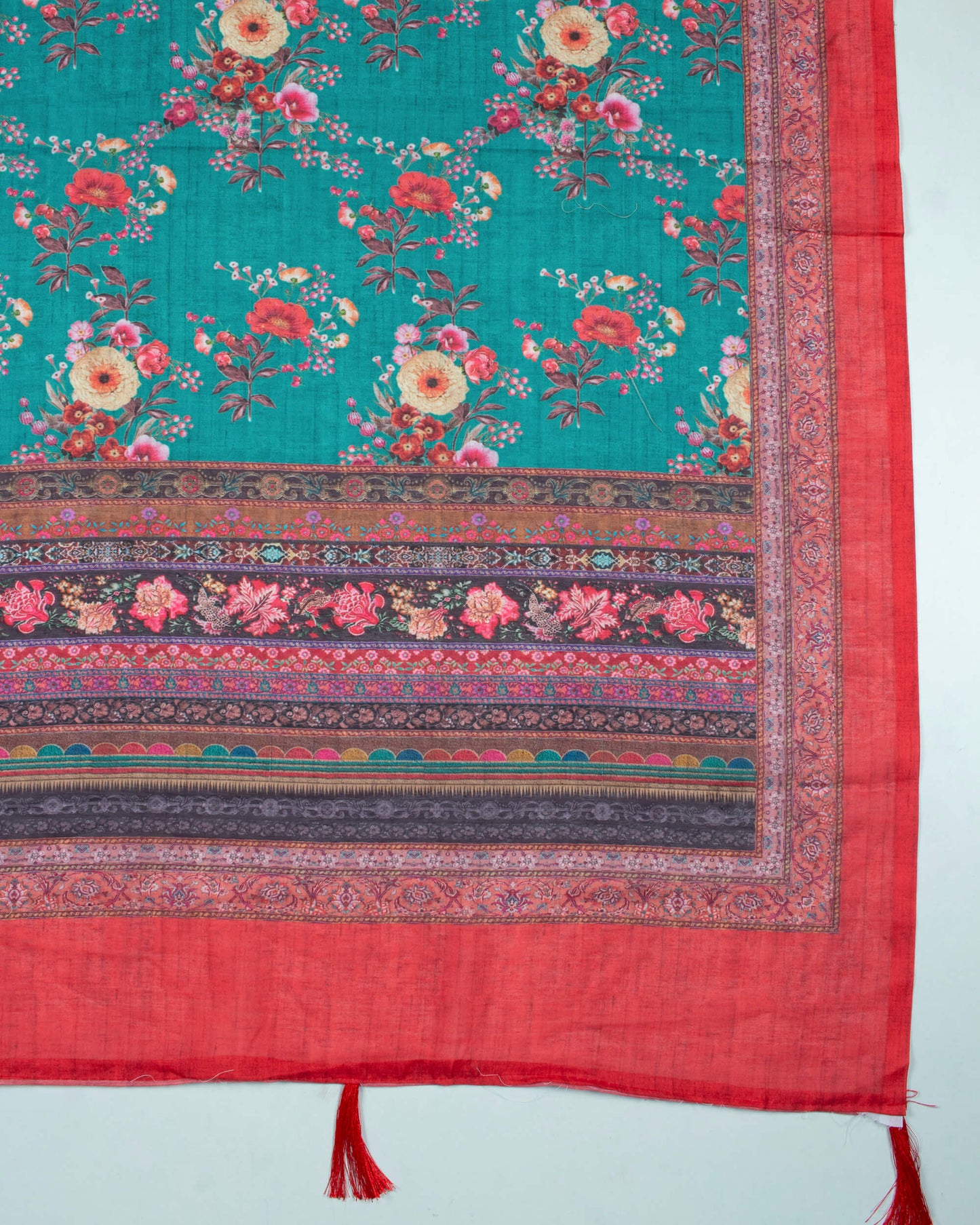 Teal Green And Brick Red Floral Pattern Digital Print Poly Voile Dupatta With Tassels