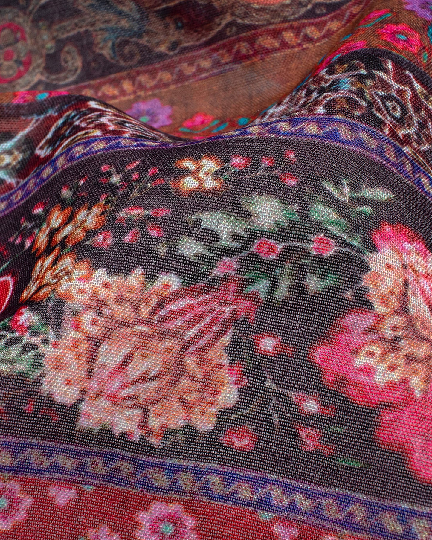 Teal Green And Brick Red Floral Pattern Digital Print Poly Voile Dupatta With Tassels