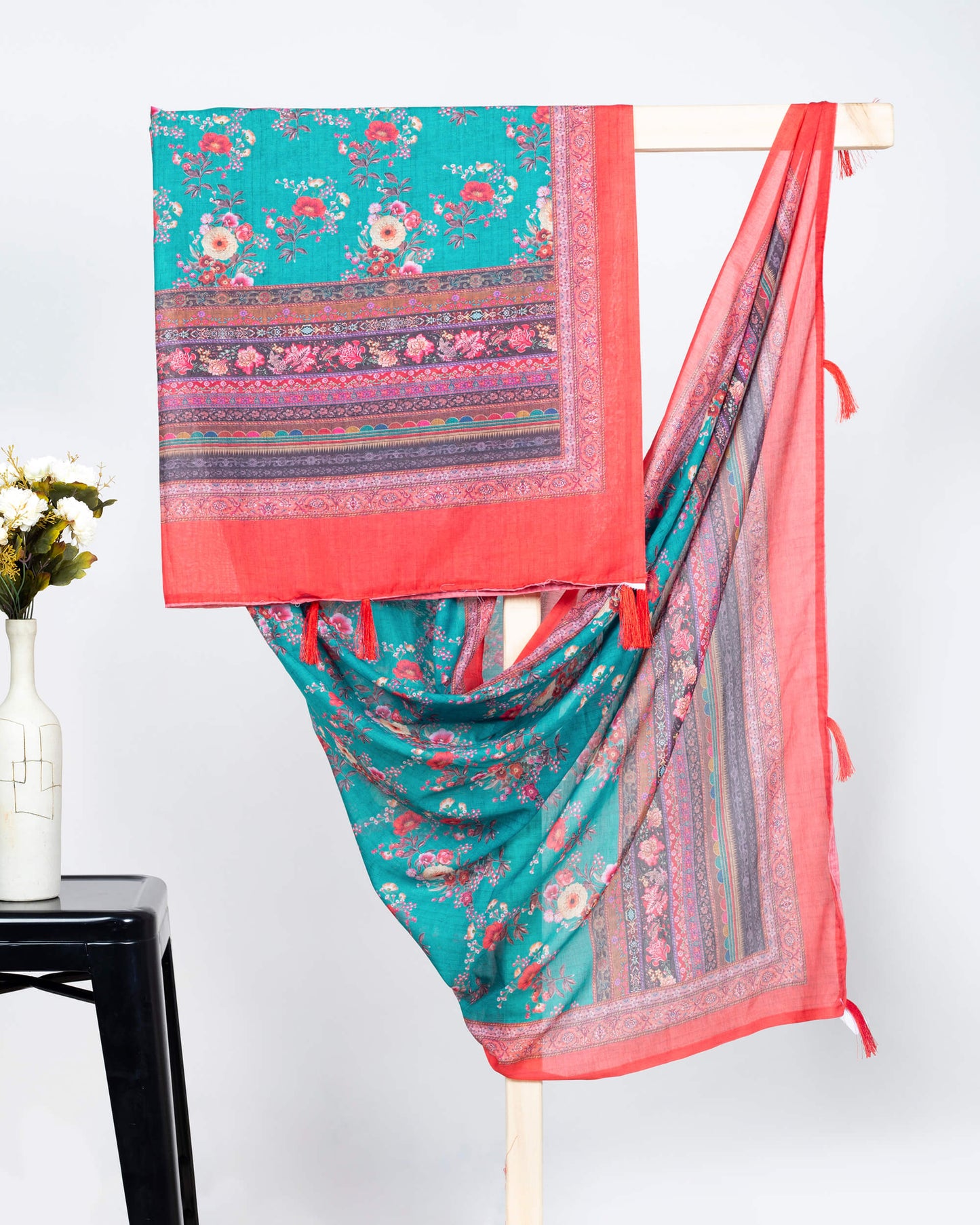 Teal Green And Brick Red Floral Pattern Digital Print Poly Voile Dupatta With Tassels