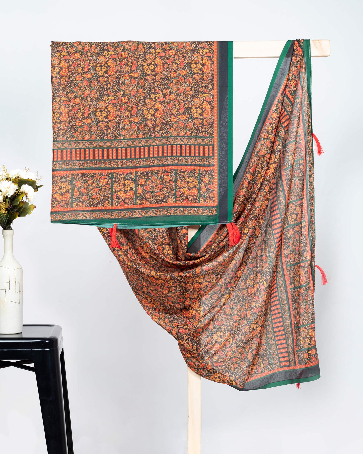 Yellow And Punch Pink Floral Pattern Digital Print Poly Voile Dupatta With Tassels