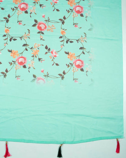 Turquoise And Pink Floral Pattern Digital Print Chiffon Dupatta With Tassels