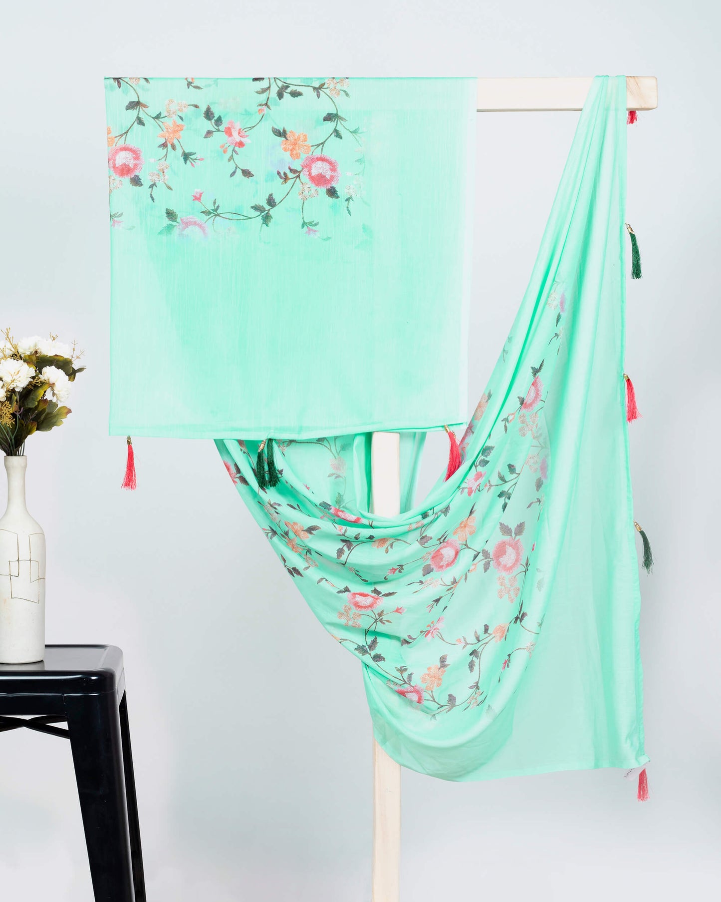 Turquoise And Pink Floral Pattern Digital Print Chiffon Dupatta With Tassels