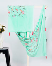 Turquoise And Pink Floral Pattern Digital Print Chiffon Dupatta With Tassels