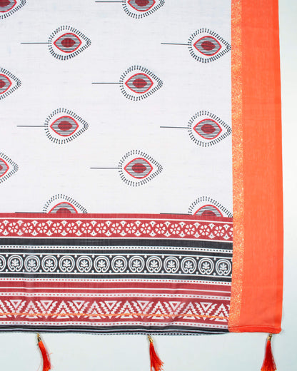 Tiger Orange And Off White Booti Pattern Digital Print Chiffon Dupatta With Tassels
