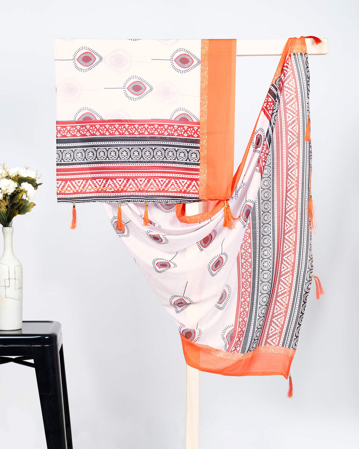 Tiger Orange And Off White Booti Pattern Digital Print Chiffon Dupatta With Tassels