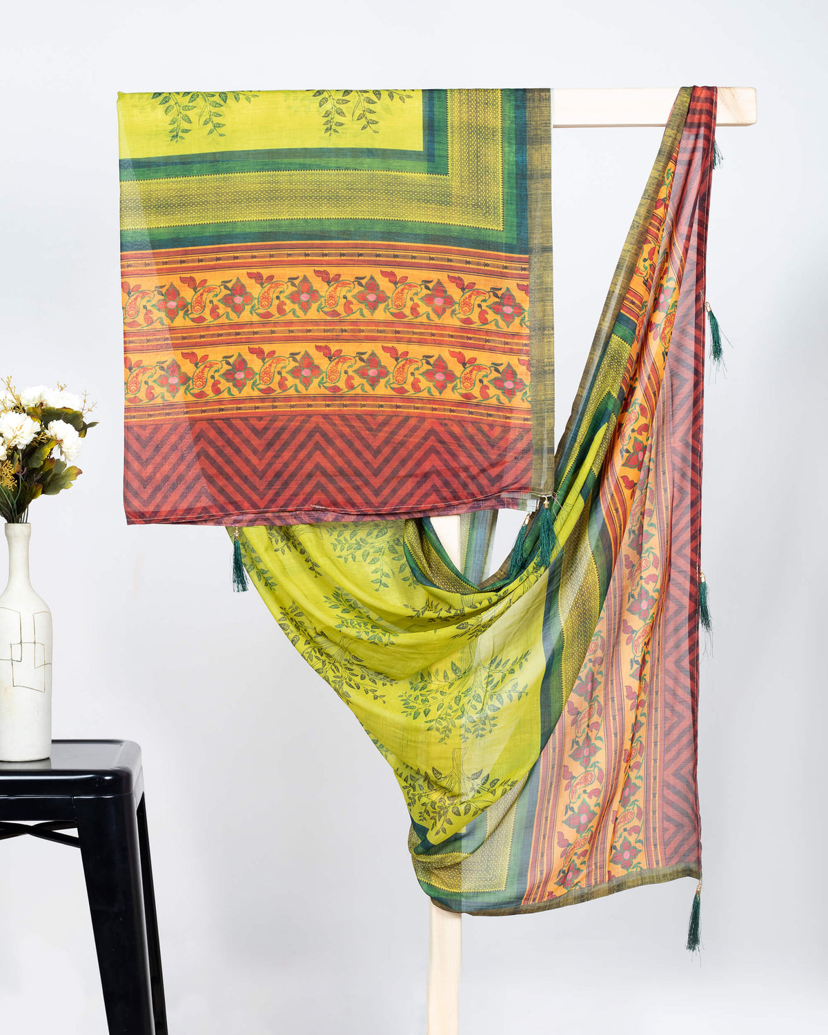 Maroon And Lime Green Leaf Pattern Digital Print Chiffon Dupatta With Tassels