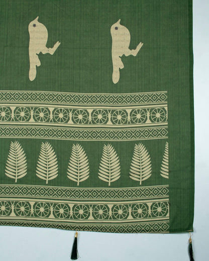Fern Green And Beige Leaf Pattern Digital Print Georgette Dupatta With Tassels