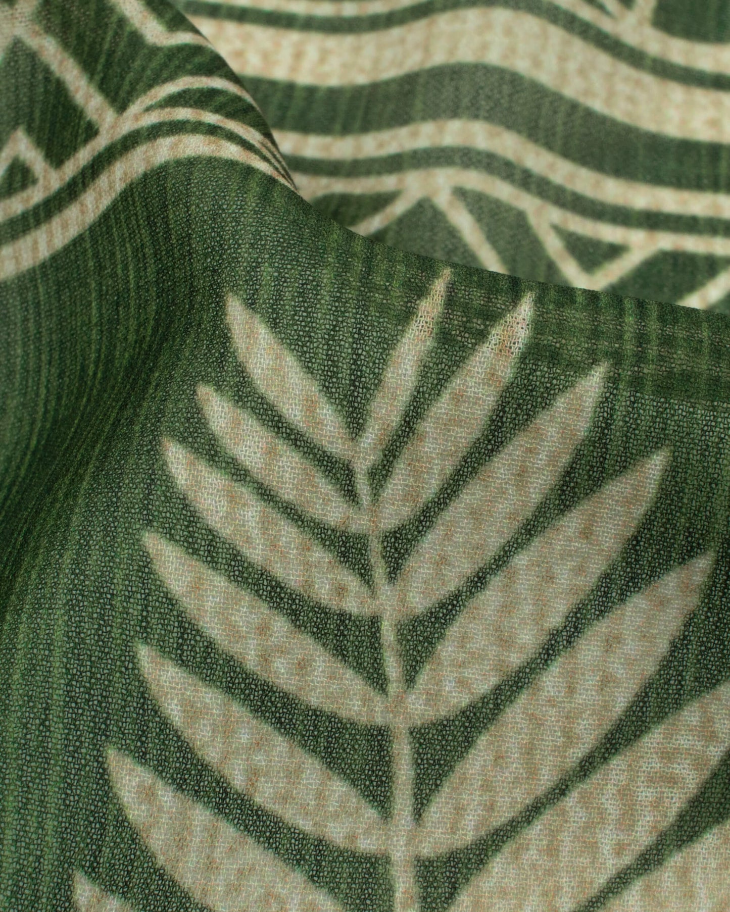 Fern Green And Beige Leaf Pattern Digital Print Georgette Dupatta With Tassels