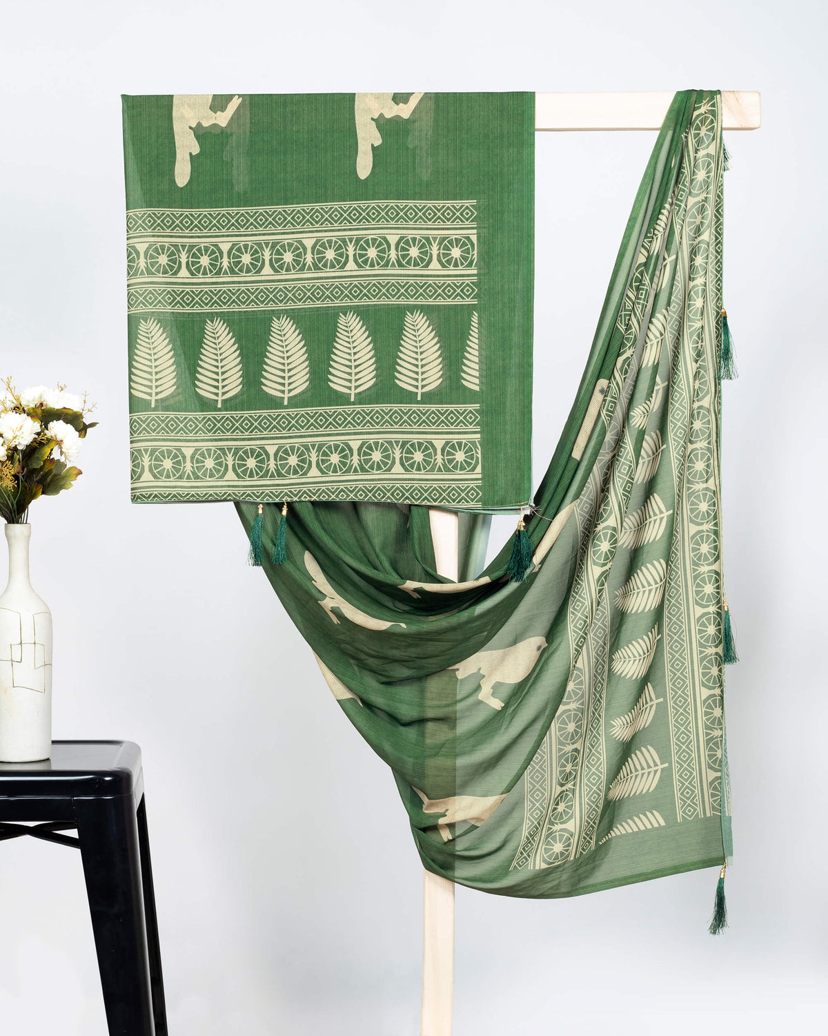 Fern Green And Beige Leaf Pattern Digital Print Georgette Dupatta With Tassels