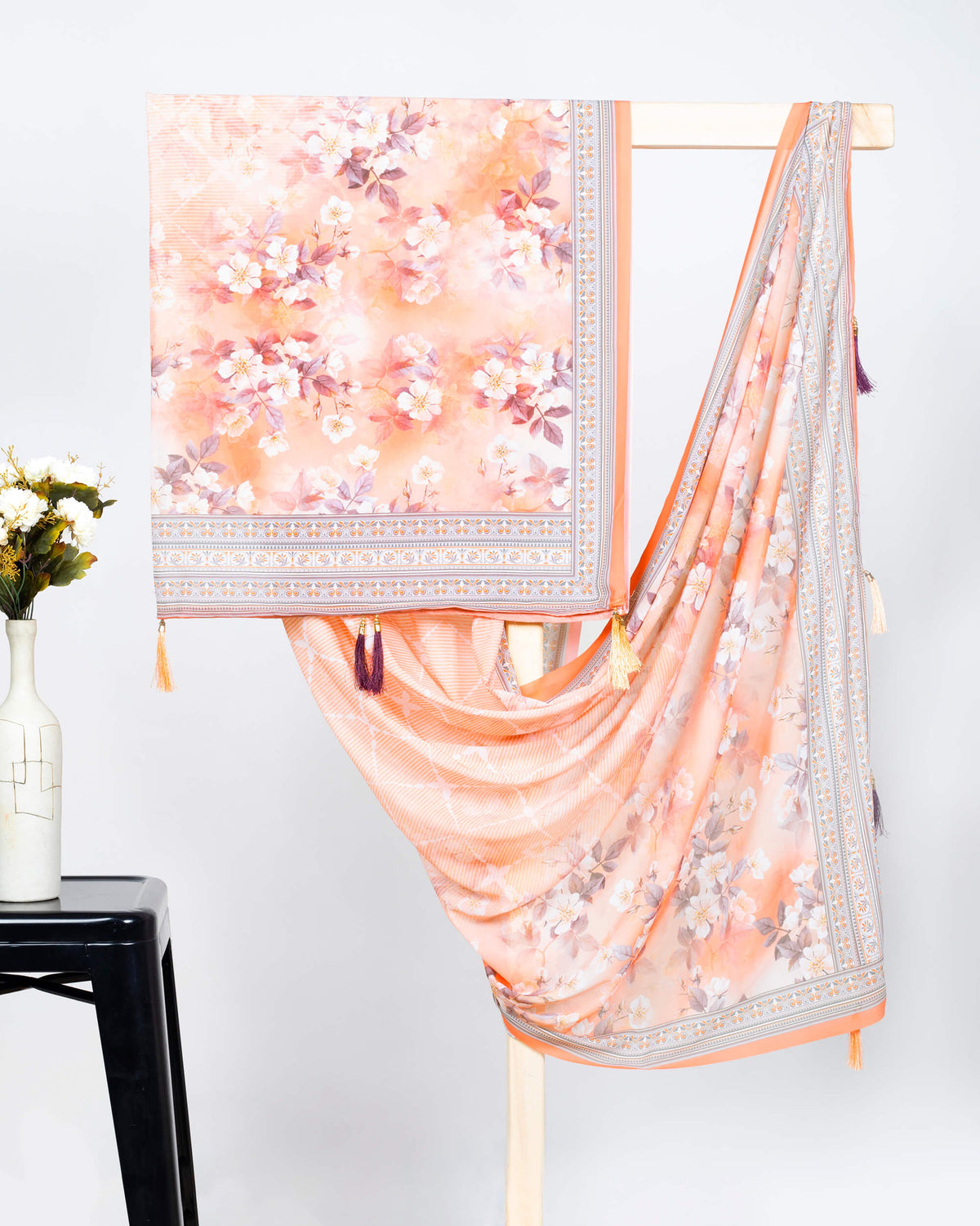 Salmon Pink And White Floral Pattern Digital Print Georgette Dupatta With Tassels