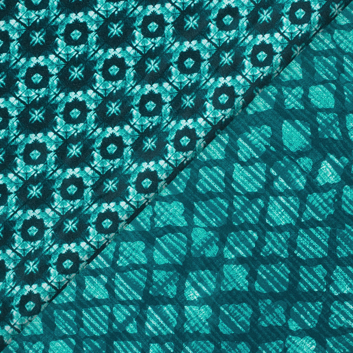 Teal Green Geometric Pattern Digital Print Crepe Silk Fabric