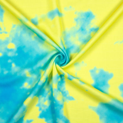 Lemon Yellow And Olympic Blue  Tye And Dye Pattern Digital Print Lycra Fabric (Width 58 Inches)
