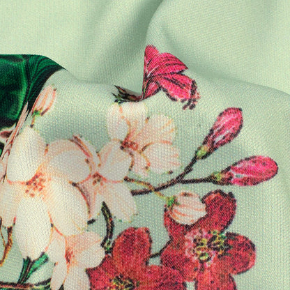 Laurel Green And Pink Floral  Pattern Digital Print Lycra Fabric (Width 58 Inches)