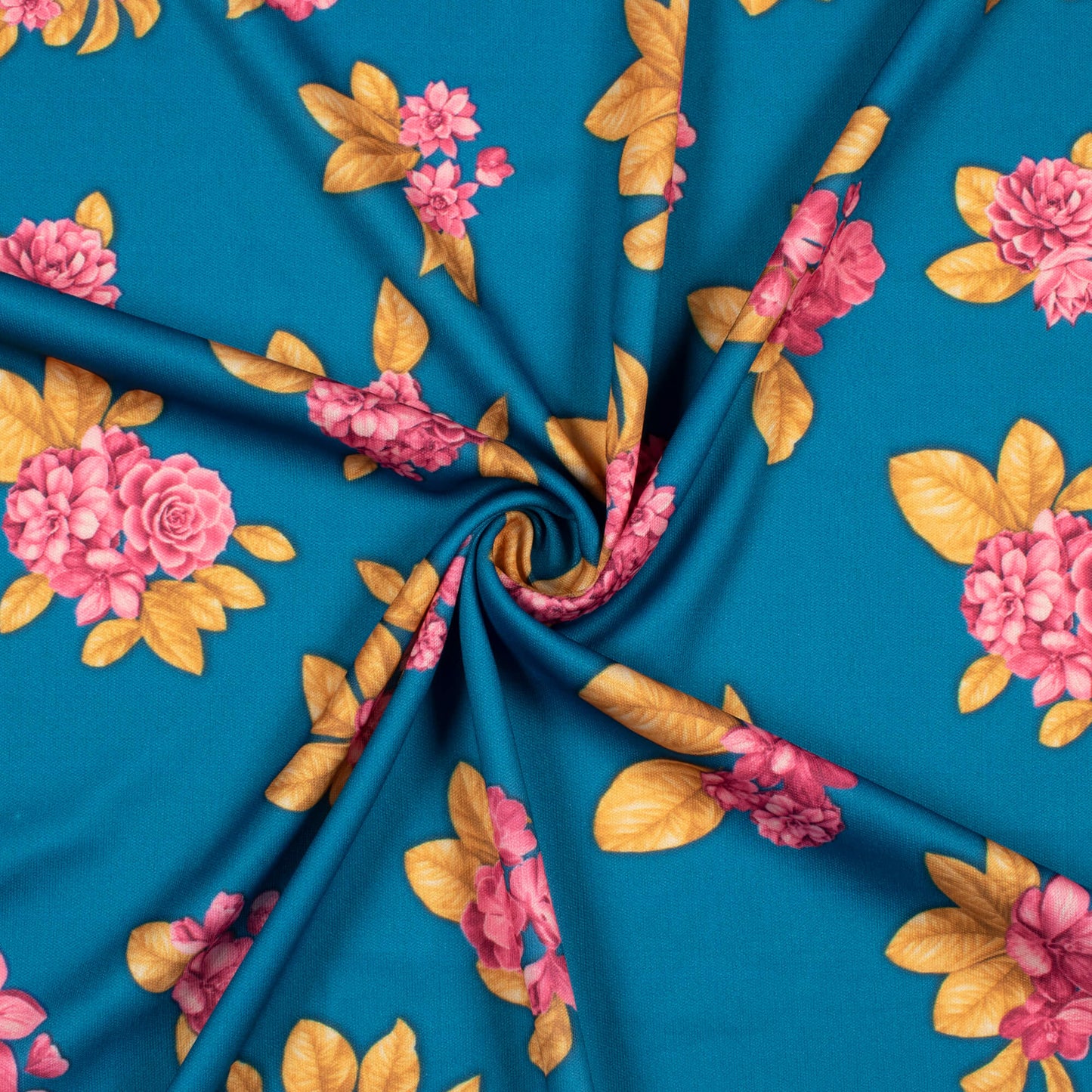 Teal Blue  And Hippie Pink Floral  Pattern Digital Print Lycra Fabric (Width 58 Inches)