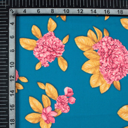 Teal Blue  And Hippie Pink Floral  Pattern Digital Print Lycra Fabric (Width 58 Inches)