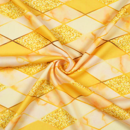 Bumblebee Yellow Geometric Pattern Digital Print Lycra Fabric (Width 58 Inches)