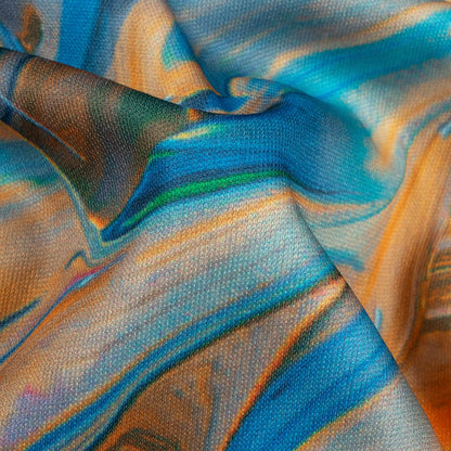 Olympic Blue And Orange Abstract Pattern Digital Print Lycra Fabric (Width 58 Inches)
