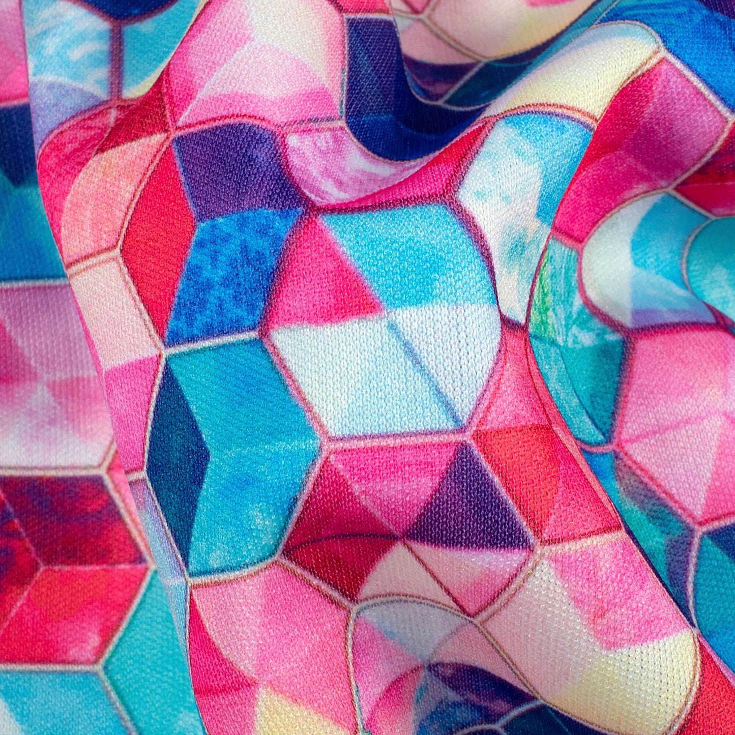 Sky Blue And Taffy Pink Geometric Pattern Digital Print Lycra Fabric (Width 58 Inches)