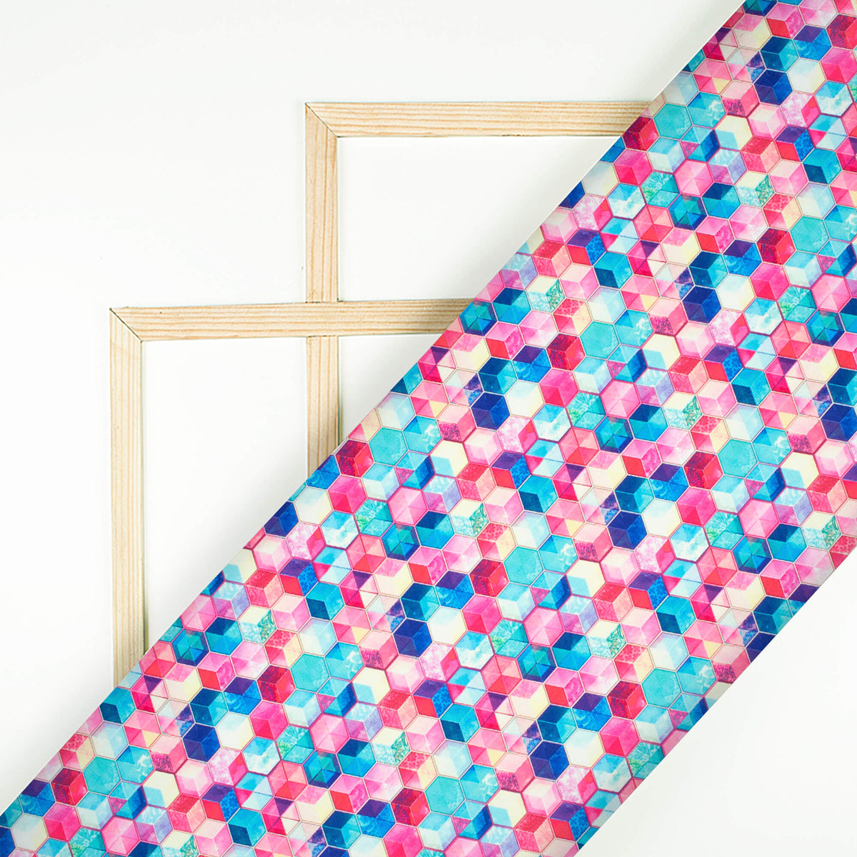 Sky Blue And Taffy Pink Geometric Pattern Digital Print Lycra Fabric (Width 58 Inches)