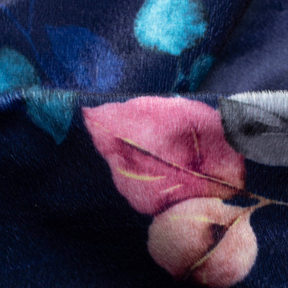 Space Blue And Rouge Pink Leaf Pattern Digital Print Velvet Fabric (Width 58 Inches)