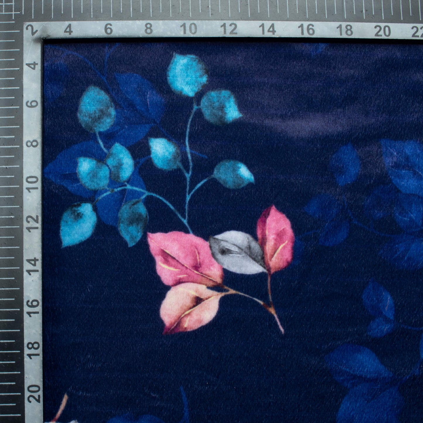 Space Blue And Rouge Pink Leaf Pattern Digital Print Velvet Fabric (Width 58 Inches)