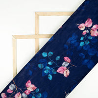 Space Blue And Rouge Pink Leaf Pattern Digital Print Velvet Fabric (Width 58 Inches)