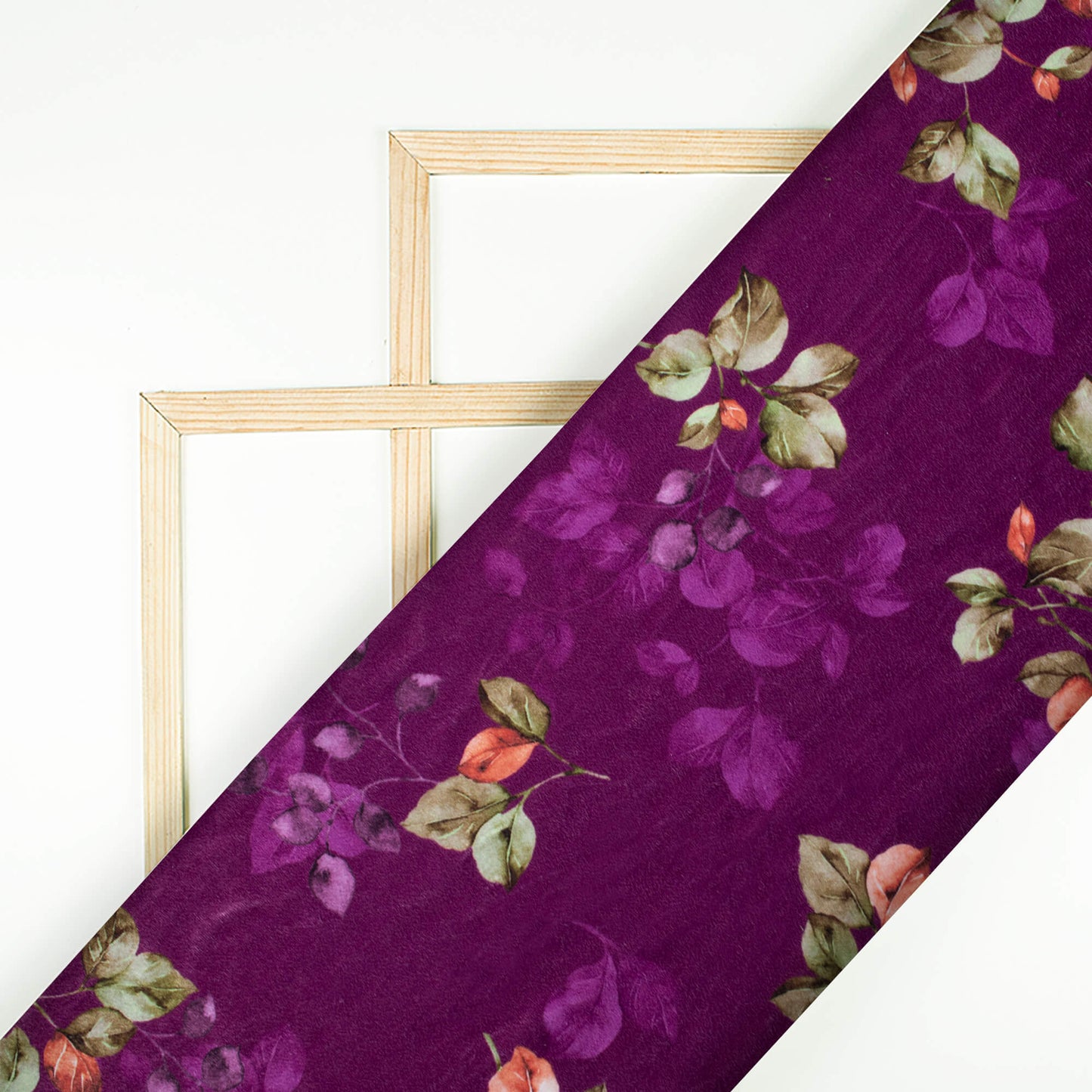 Plum Purple And Moss Green Leaf Pattern Digital Print Velvet Fabric (Width 54 Inches)