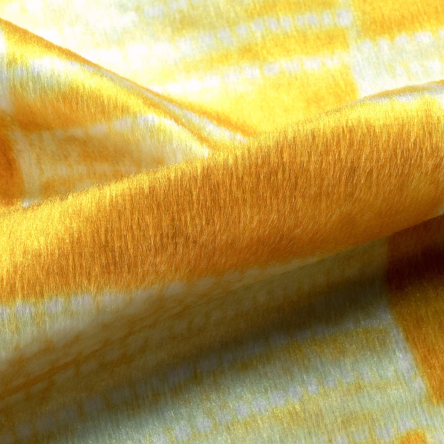 Amber Yellow And White Checks Pattern Digital Print Velvet Fabric (Width 54 Inches)