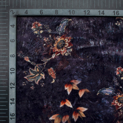 Dark Grey And Peach Floral Pattern Digital Print Velvet Fabric (Width 58 Inches)