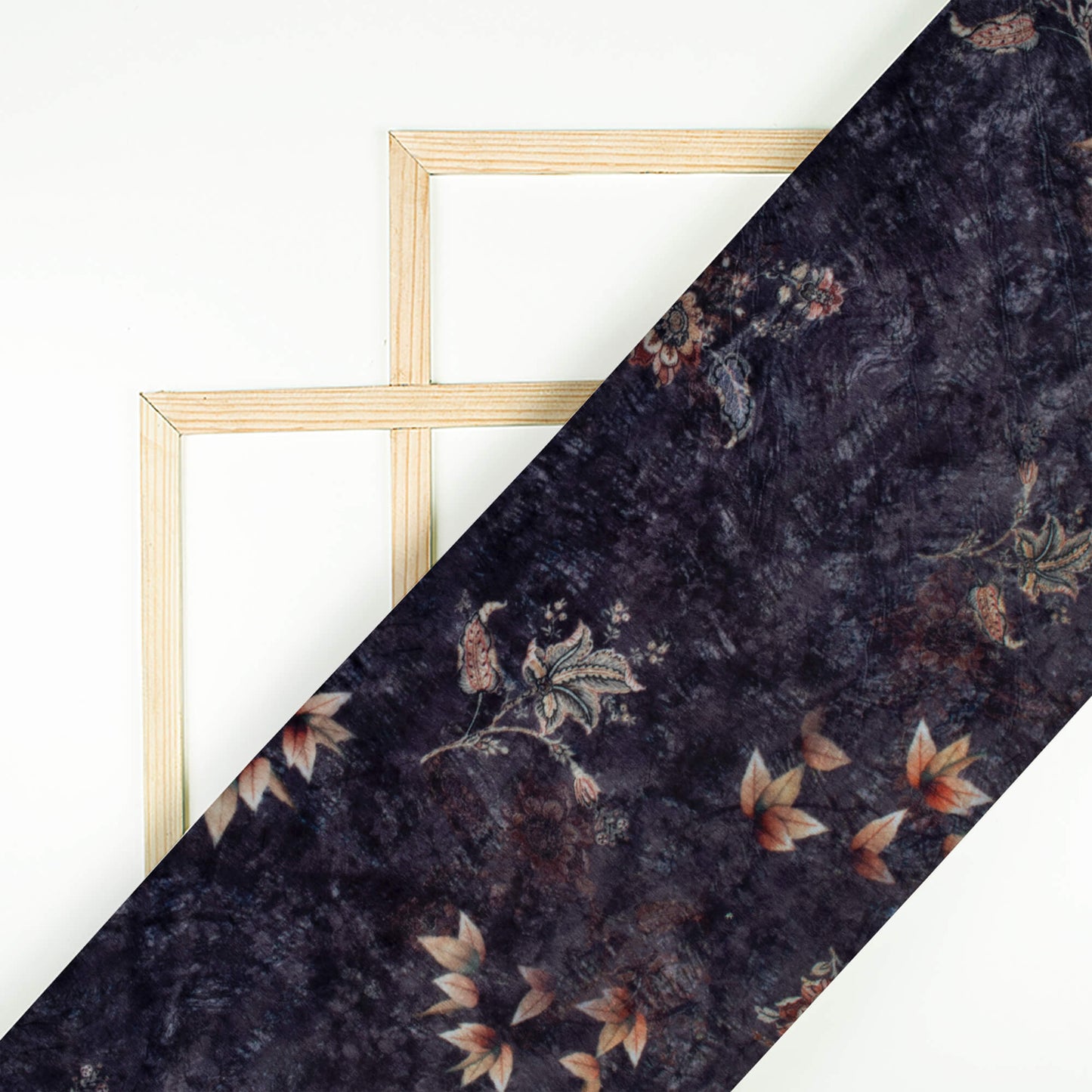 Dark Grey And Peach Floral Pattern Digital Print Velvet Fabric (Width 54 Inches)