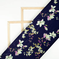 Deep Violet Purple And Cream Floral Pattern Digital Print Velvet Fabric (Width 58 Inches)